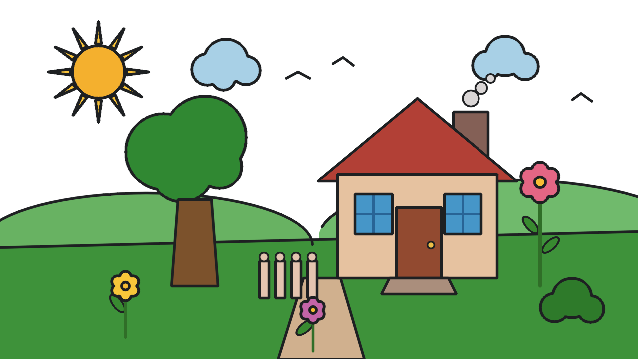 Colored drawing of a sunny street with a house, tree, and sun